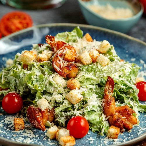 caesar salad with fried shrimps